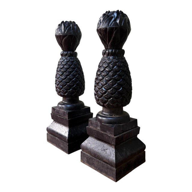 Hollywood Regency Early 20th Century Pair of 34" Large Black Cast Iron Pineapple Architectural Finials Outdoor Statues For Sale - Image 3 of 10