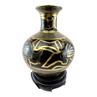 Vintage Black & Gold Greek Revival Style Vase With Figural Motif on Stand For Sale
