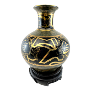 Vintage Black & Gold Greek Revival Style Vase With Figural Motif on Stand