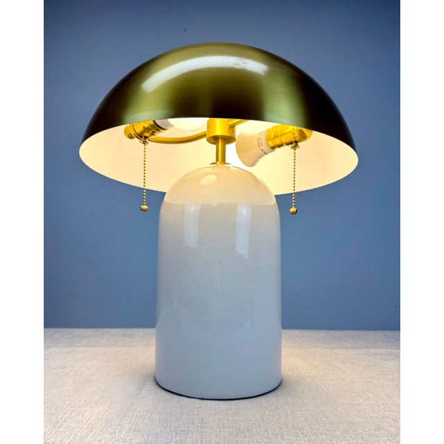 Modernist Mushroom “Gaia” Brass and Ceramic 2-Light Table Lamp by Mitzi/Hudson Valley Lighting For Sale In New York - Image 6 of 10