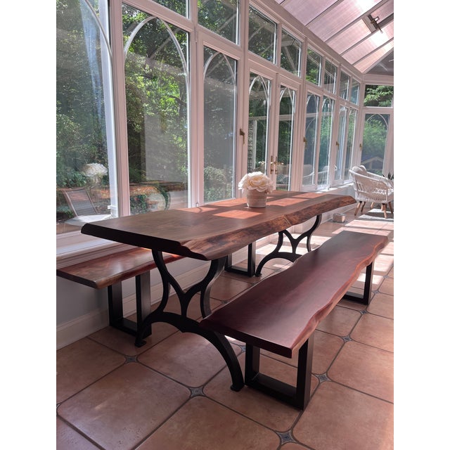 Farmhouse Custom Live Edge Walnut Wood Dining Table With Benches and Brooklyn New York Cast Iron Base For Sale - Image 3 of 5