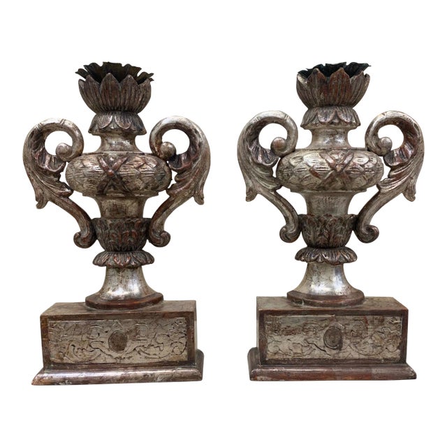Italian Tuscan Carved Wood Pedestal Candle Holders - a Pair For Sale