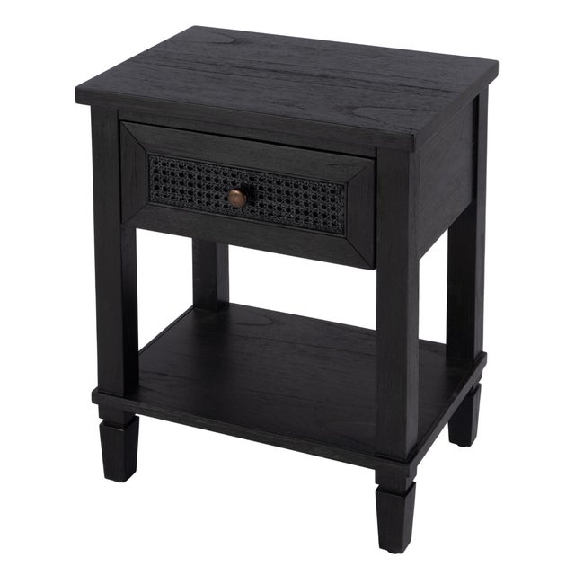 Traditional Flagstaff 20 in. W Rectangular Cane and Wood 1 Drawer Nightstand with Lower Open Shelf, Washed Black For Sale - Image 3 of 11