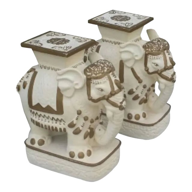 White Hollywood Regency Gold & White Elephants Garden Stools - a Pair For Sale - Image 8 of 8