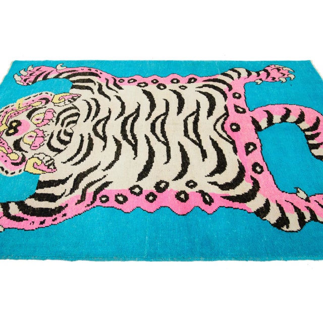 Tiger Designed Handmade Turkish Wool Rug in Blue For Sale In New York - Image 6 of 10
