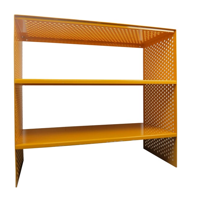 1980s Brutalist Perforated Steel Yellow Powder Coated Enamel Long Modular Shelves a Pair