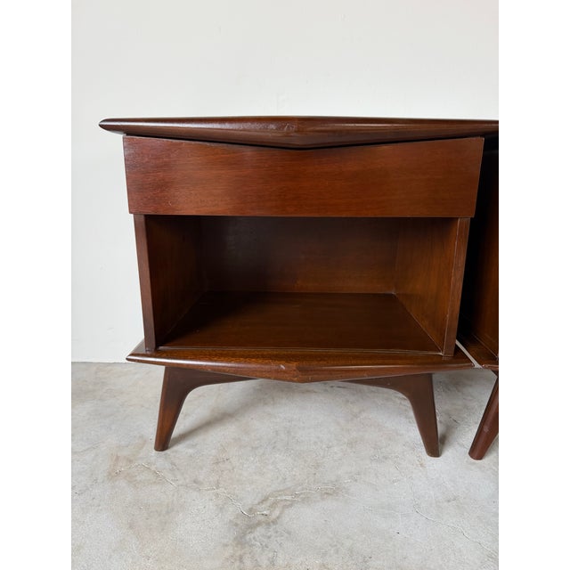 Wood 1940’s Art Deco Solid Mahogany Nightstands With Drawer & Open Shelf – A Pair For Sale - Image 7 of 18