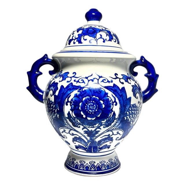 2010s Chinoiserie Chinese Blue & White Large Ceramic Hand Painted Ginger Jar For Sale