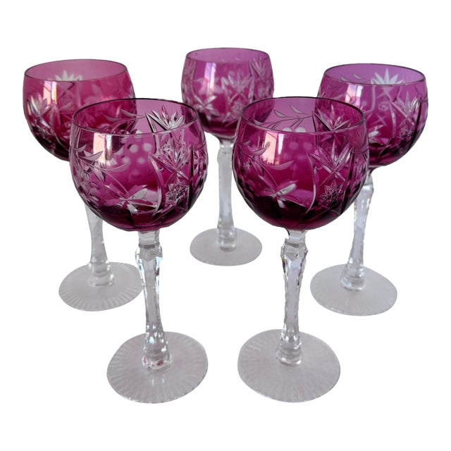 Vintage Nachtmann Cranberry Cut-to-Clear Crystal Wine Glasses, Set of 5 For Sale