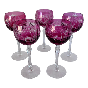 Vintage Nachtmann Cranberry Cut-to-Clear Crystal Wine Glasses, Set of 5