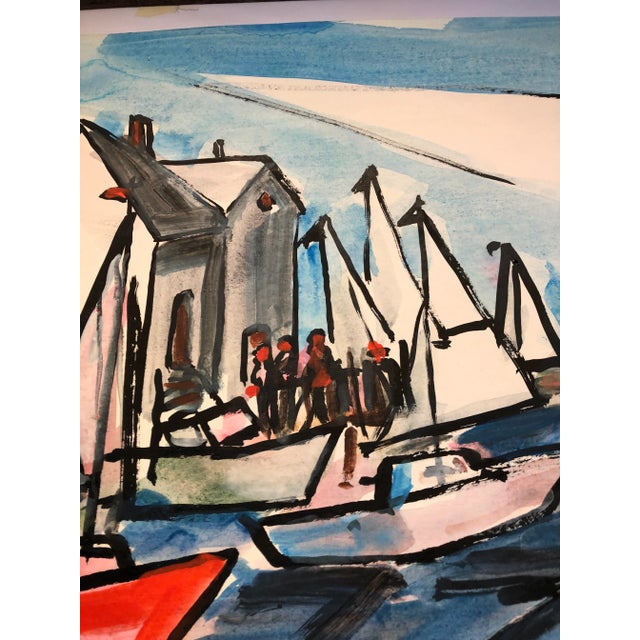 Abstract Original Vintage Abstract Sail Boat Village Modernist Watercolor Painting Signed For Sale - Image 3 of 4