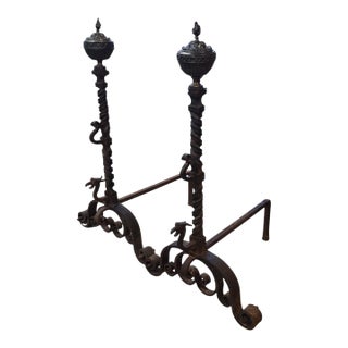 Mid 19th Century A Large Pair of Spanish Wrought Iron Andirons For Sale