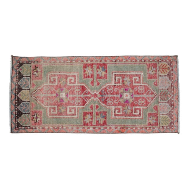 1970s Hand-Knotted Turkish Petite Rug Low Pile Faded Colors DoorMat Yastik Rug - 20'' X 44'' For Sale - Image 5 of 13