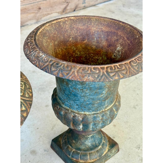 Metal Early 20th Century French Cast Iron Medici Urn Planters – Pair For Sale - Image 7 of 12