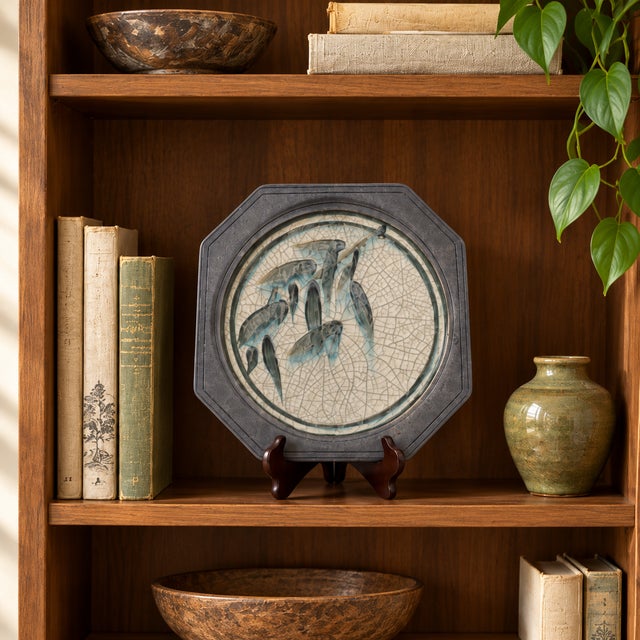 Striking signed Raku pottery platter by American studio potter Marc Ward. The piece features an octagonal form with a...