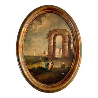 Vintage Italian Capriccio Framed Oil on Board Painting of a Landscape With Ruins For Sale