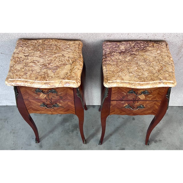 Antique Louis XV French Marquetry Marble Top Nightstands, Set of 2 For Sale - Image 6 of 11