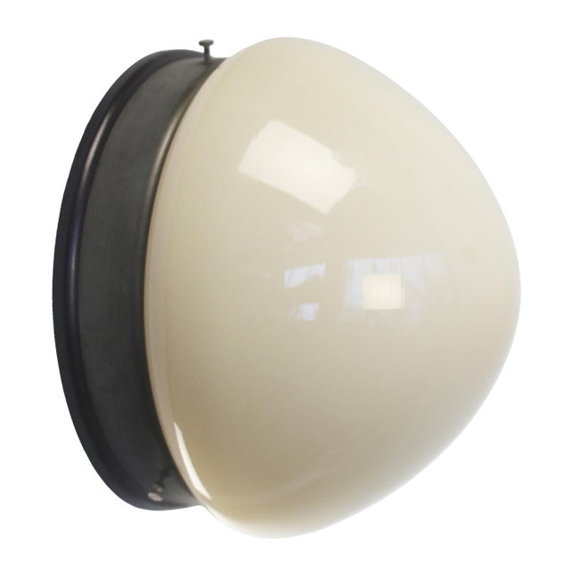 Mid-Century Modern Vintage Industrial Beige Opaline Glass, Grey Metal and Bakelite Sconce For Sale - Image 3 of 7