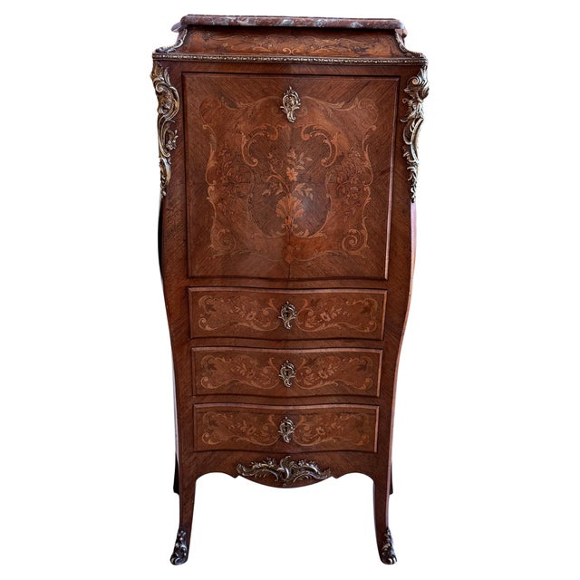 19th Century Bombe Marquetry Secrétaire à Abattant, Marble Top and Bronze Mounts For Sale - Image 15 of 18