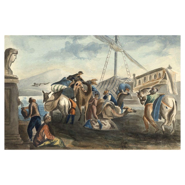 Merchants with Camels on the Nile, Mid 19th Century, Watercolour For Sale