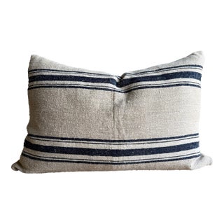 Vintage Grainsack Flax and Indigo Stripe Lumbar Pillow With Down Insert For Sale