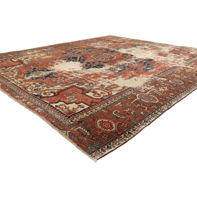 74951 Late 19th Century Antique Persian Serapi Rug, 10'06 x 12'08. This hand-knotted wool distressed antique Persian...