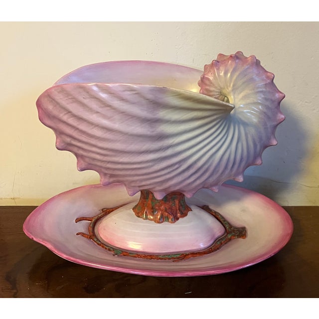 Antique 19th Century Wedgwood Pearlware Centerpiece - Pink Nautilus Sea Shell Compote Tureen With Clam Shell Under Tray For Sale - Image 10 of 18