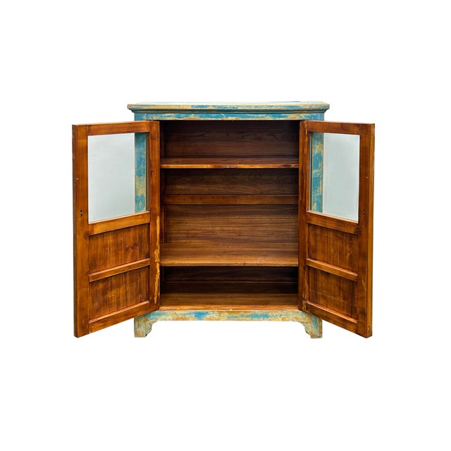 Wood Shabby Chic Turquoise Blue Half-Glass Doors Medium Size Cabinet For Sale - Image 7 of 15
