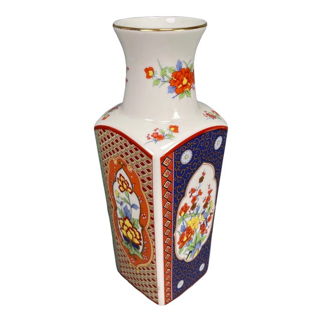 Vintage Imari Porcelain Gilded Vase with Vibrant Flowers Birds Four Sided Japan For Sale