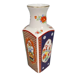 Vintage Imari Porcelain Gilded Vase with Vibrant Flowers Birds Four Sided Japan