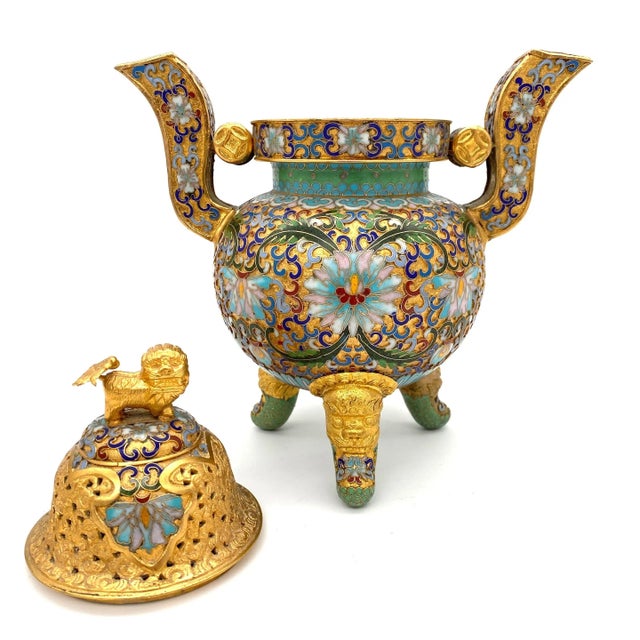 Wood 20th Century Chinese Elaborate Gilt Cloisonné Foo Dog Censor For Sale - Image 7 of 8