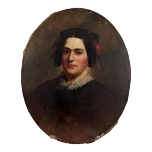 Antique 19th Century Oval Victorian Realist Portrait of Woman in Black (Oil on Canvas)