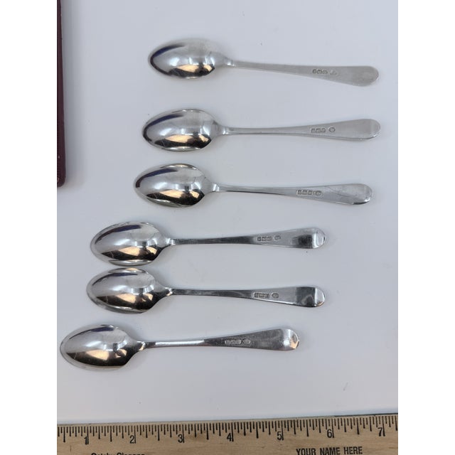 Victorian Antique John Round and Sons Sterling Silver Coffee Spoons and Sugar Tongs w/ Case Circa 1905 - Set of Six For Sale - Image 3 of 16