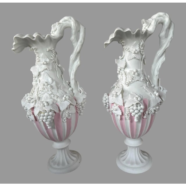 White Pair of Antique Parian Bisque Porcelain Grape & Leaf Decorated Ewers For Sale - Image 8 of 12