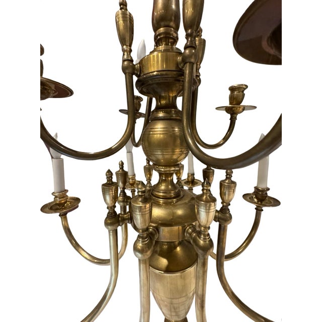 French Country Large Twelve-Light Solid Brass Chandelier For Sale - Image 3 of 12