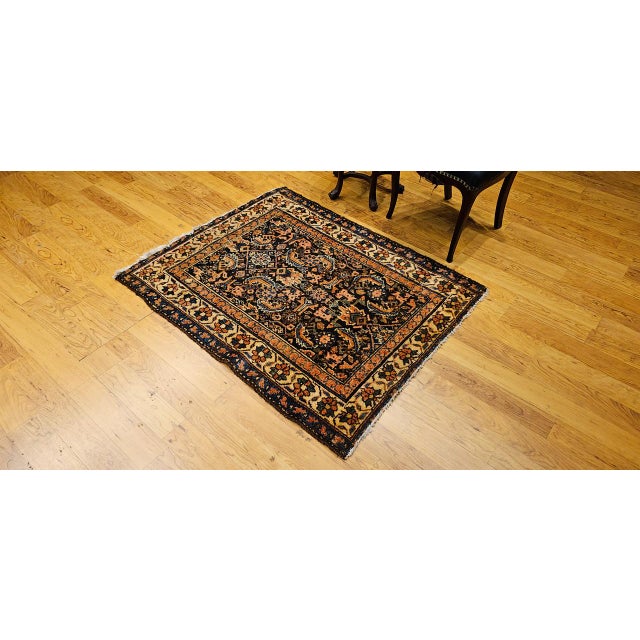 Vintage Persian Malayer Area Rug, Hand-Knotted Wool, Geometric Pattern, 4x4, Navy & Ivory For Sale - Image 14 of 14