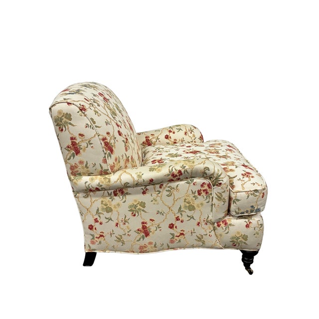 Cream Pair of Lee Industries Floral Upholstered Lounge Chairs With Brass Casters For Sale - Image 8 of 12