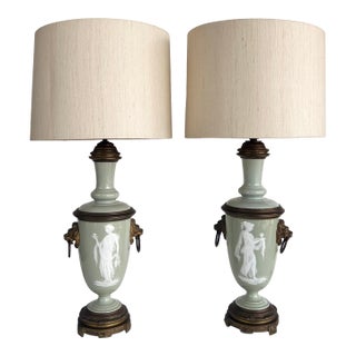 Late 19th Century French Celadon Pâte-Sur-Pâte Porcelain Lamps With Custom Shantung Silk Shades - a Pair For Sale