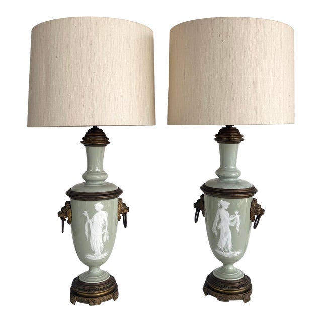 Late 19th Century French Celadon Pâte-Sur-Pâte Porcelain Lamps With Custom Shantung Silk Shades - a Pair For Sale