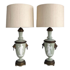 Late 19th Century French Celadon Pâte-Sur-Pâte Porcelain Lamps With Custom Shantung Silk Shades - a Pair