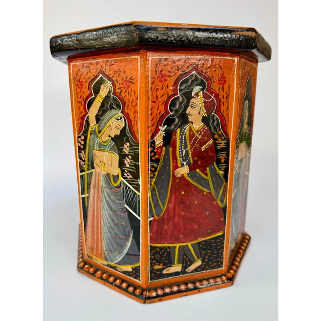 Vintage Indian Mughal Style Hand Painted Octagonal Dowry Box For Sale - Image 4 of 15