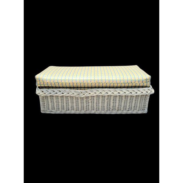 Traditional Vintage Huge Braided Off White Wicker Upholstered Yellow Blue Plaid Regency Bench For Sale - Image 3 of 10