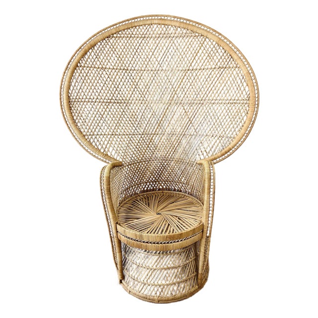 Vintage 1970s Woven Rattan Fan Back Peacock Chair Boho Chic Style For Sale