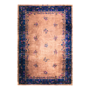 Splendid Tan-Camel Background With Purple Floral Design Antique Chinese Art Deco Rug