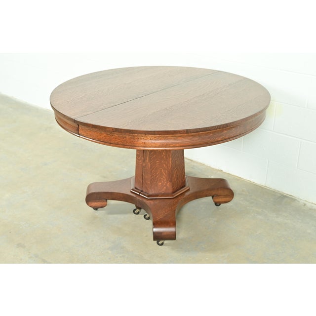 Victorian Stickley Style Antique Mission Oak Arts & Crafts Pedestal Extension Dining Table, Newly Refinished For Sale - Image 3 of 10