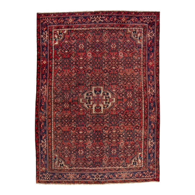 1960s Vintage Persian Hamadan Navy Blue Handmade Medallion Wool Rug For Sale