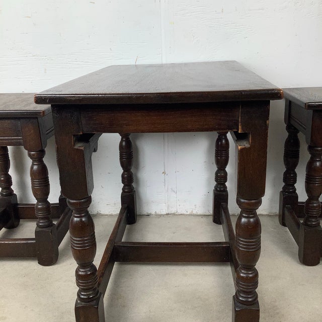 Vintage Tudor Revival Nesting Tables – Set of Three English Style Side Tables For Sale - Image 9 of 11