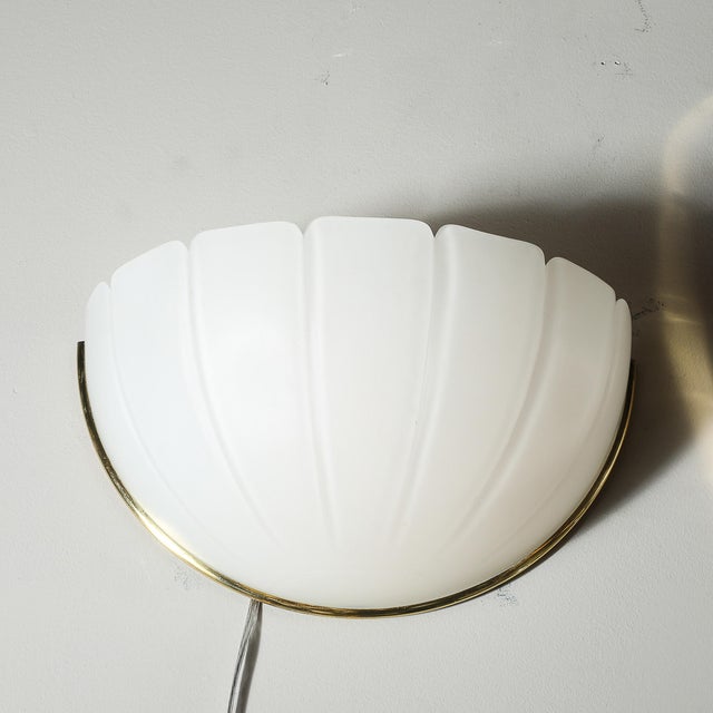 Metal Mid-Century Scalloped Molded & Frosted Glass Sconces Signed Glashütte Limburg For Sale - Image 7 of 17