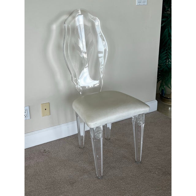 Stunning set of eight (8) vintage Hollywood Regency style lucite dining chairs manufactured by Acrylicore Inc. (Handmade...