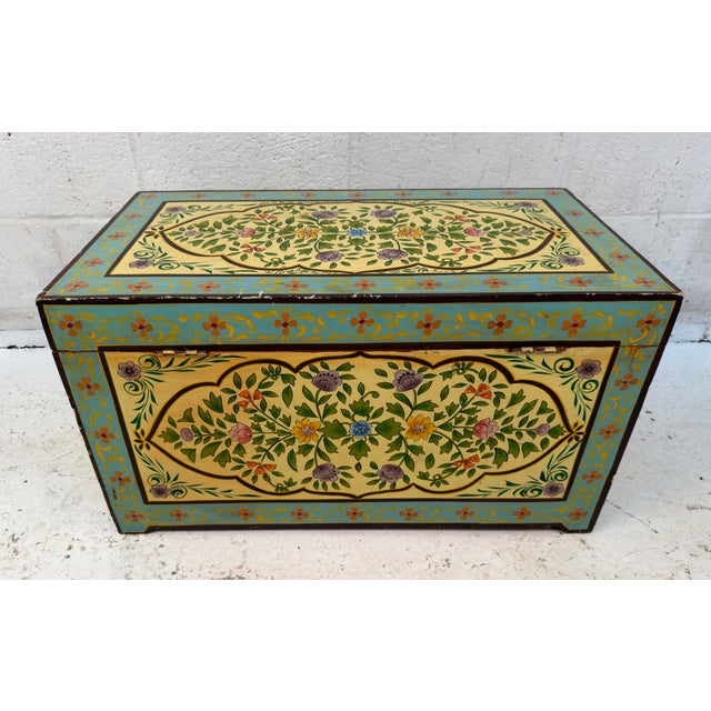 Vintage Hand-Painted Wooden Floral Folk Art Storage Trunk For Sale - Image 12 of 13